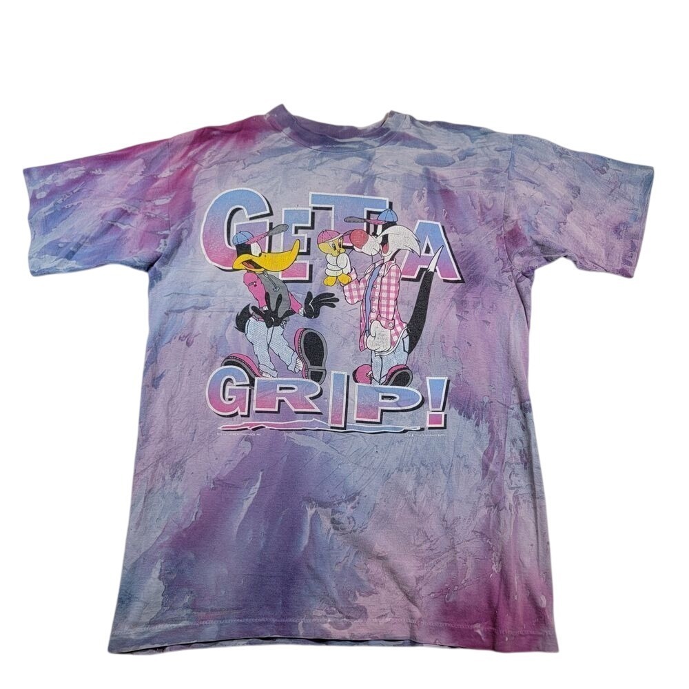 VTG 90's Looney Tunes Tie Dye T-Shirt Cut Size Tag Fits M/L Purple Single Stitch